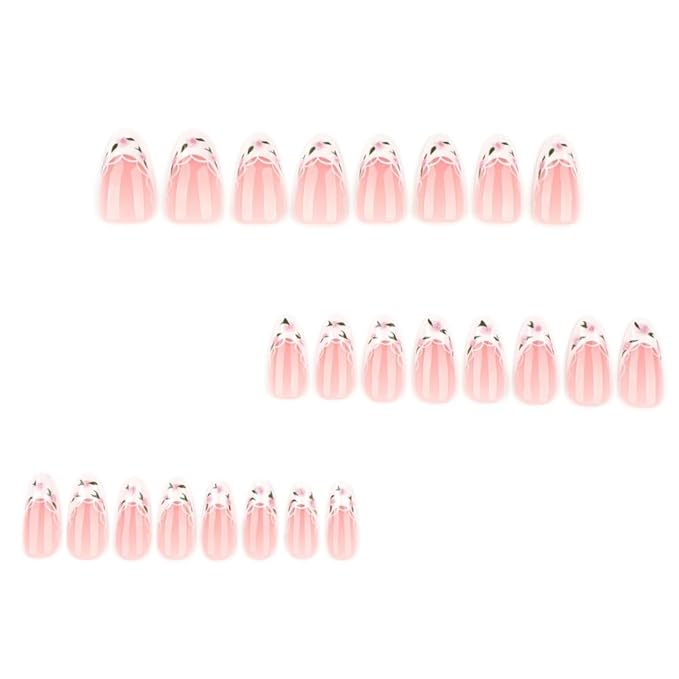French Tip Press on Nails Medium Almond Fake Nails White False Nails Press ons Lace Rose Glue on Nails Acrylic Artificial Stick on Nail for Women Nail Decoration 24Pcs