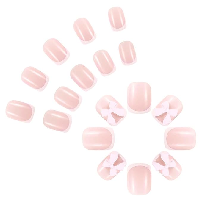 White French Tip Press on Nails with Pink Bows,Short Square Fake Nails French Nails Press ons with Design,Reusable Artificial Nail Full Cover Glossy Glue on Nail Stick on Nail for Women Manicure 24Pcs