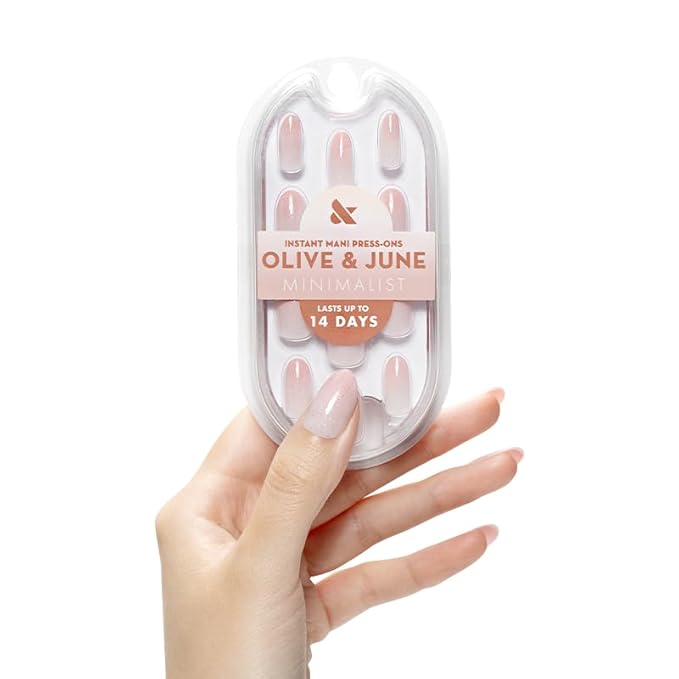 Olive & June Mani Minimalist Instant Press-On Nails (Glue) | 42 Fake Nails, 21 Sizes | Non-Toxic, Long-Lasting Barely-There Look | Spring Flowers & Patterns | Medium, Oval | Rose Gradient Shimmer