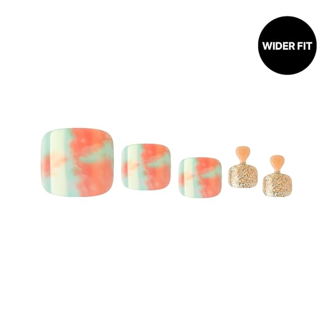 GoldFinger Trendy Press On Fake Toenail Kit Wider Fit, Marble Abstract Print & Glitter Sprinkle Color, Ready to Wear Gel & Manicure Stick, Mini Glue included, Long-Lasting Convenient & Easy to Apply