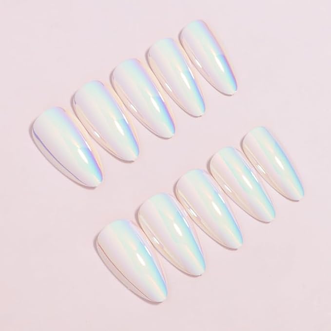 Almond Press on Nails White Chrome Fake Nails Glossy Pearl Powder Acrylic Nails Metal Mirror False Nails Press ons Medium Full Cover Holographic Glue on Nail for Women Girls Manicure 24Pcs