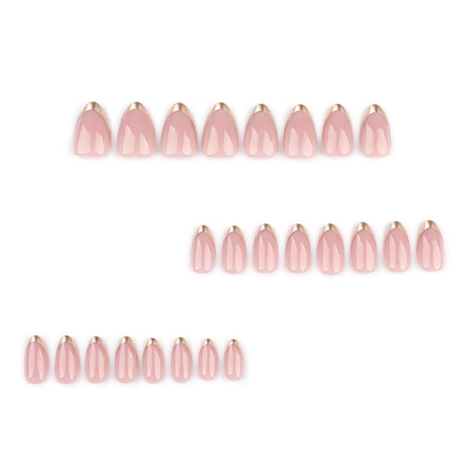 Gold Press on Nails Medium Almond Fake Nails Press ons French Tip False Nail with Designs Glossy Full Cover Acrylic Artificial Stick on Nails Reusable Glue on Nail for Women Manicure 24Pcs