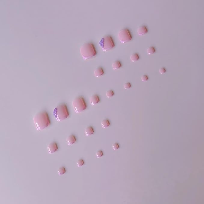 48Pcs Purple French Tips Press on Toenails Long Square Press on Nails with Pearl Flower Charm Design Glossy Pink Fake Toenails Summer False Nails Lilac Floral Nails Kits for Women Girls Manicure