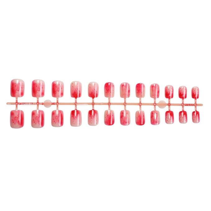 Press on Nails Square Short Fake Nails Press ons Nail Art Tips Artificial Acrylic Nail Set Full Cover False Nail with Red Apple Gradient Designs Stick on Nails for Women 24Pcs