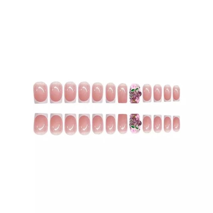 48Pcs White French Tips Press on Nails 3D Cherry Press on Toenails Medium Square Stick on Nails with Flower Charm Design Glossy Glitter Fake Nails Cute Summer False Toenails for Women DIY Manicure