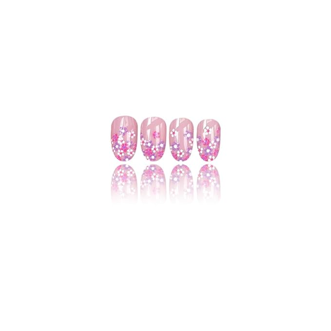 24Pcs Pink Flower Press on Nails Almond Shaped Fake Nails Nude Pink Full Cover with Designs Stick on Nails Medium Glossy False Nails Spring Glue on Nail for Women Manicure Art Kit