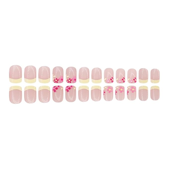 Press on Nails Square Short Fake Nails Press ons Yellow French Nail Tips Artificial Acrylic Kit Full Cover False Nails with Flowers Glossy Design Stick on Nails for Women 24Pcs