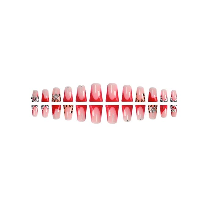 Red French Tip Glue On Nails Leopard Print 24Pcs Glossy Reusable Artificial Acrylic Full Cover False Nails