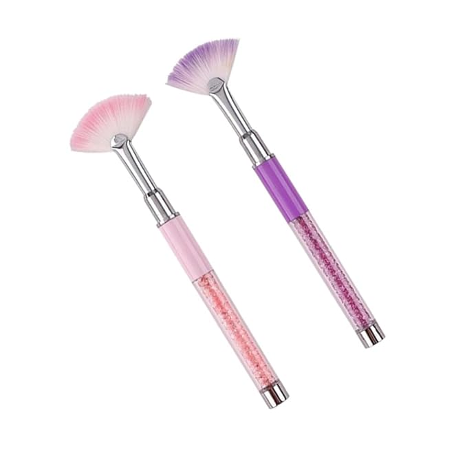 Purple Pink Fan Shape Nail Brush with Rhinestone Handle, Glitter Art Drawing Fan Pen Liner Brush Dust Powder Remover Nail Brush (2 Pack)