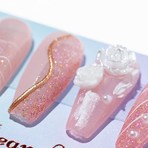 Sun&Beam Nails Handmade Press on Fake Nails Medium Long Nail Tips Popular Design Ballerina Pink 3D Flower Cute Pearl with Storage Box 10 Pcs (002 M)