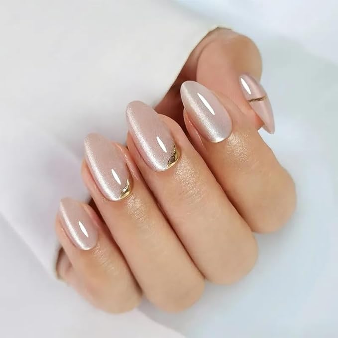 Press On Nails - Glow | Champagne Cat Eye 3D Gold Design, UV Finish Almond Nails, Salon Quality | 32 Nails, 16 Sizes Kit with Glue and Adhesive Tabs I Female Founded - Beauty, Self Care