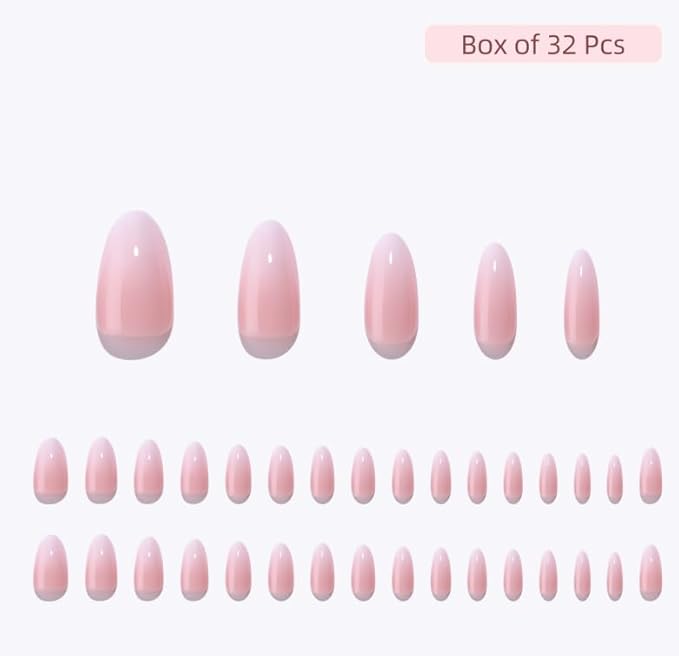 Press On Nails - Peony | Ombre French Tip, Long UV Finish Almond Nails, Salon Quality | 32 Nails, 16 Sizes Kit with Glue and Adhesive Tabs I Female Founded