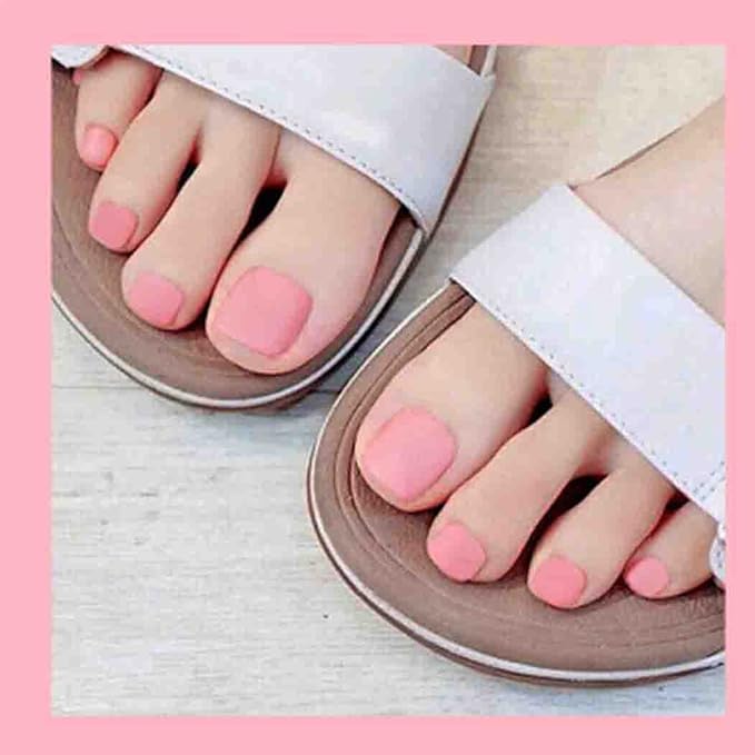 Pink Press on Toe Nails Matte Square Fake Toenails Short Solid False Toes Nails with Designs Acrylic Cute Artificial Beach Full Cover Toenail for Women 24 Pcs (Light Pink)