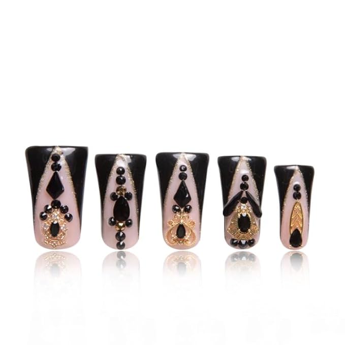 LOVFUL Press on Nails Obsidian Palace Black French Tip | Handmade with Full Covered Crystals | Reusable Fake Nails | Duck Classic Regular 1.3 in | H165-L