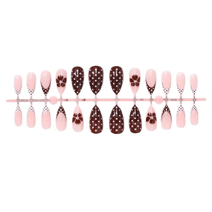 Almond Press on Nails Polka Dot Fake Nails French Tip False Nails Brown Flowers Glue on Nail Reusable Acrylic Nails Full Cover Stick on Nail for Women Manicure 24Pcs