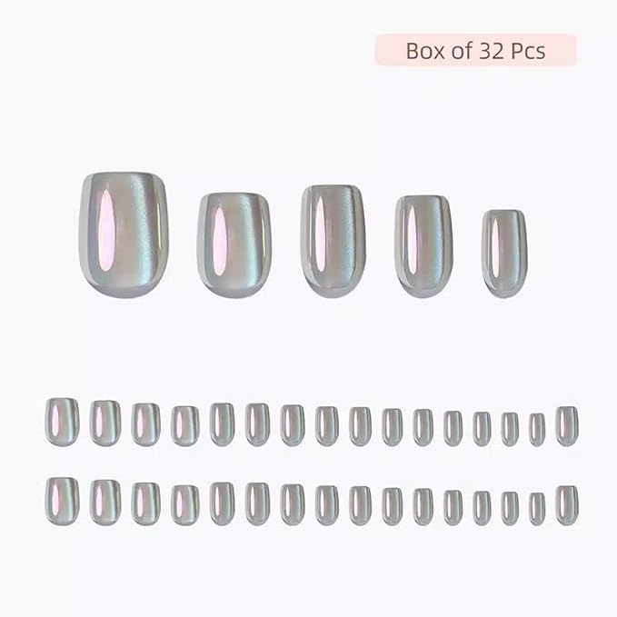 Press On Nails - Opal | Chrome Cateye High Gloss Square Fake Nails, Salon Quality| 32 Nails, 16 Sizes Kit with Glue and Adhesive Tabs I Female Founded - Beauty, Self Care