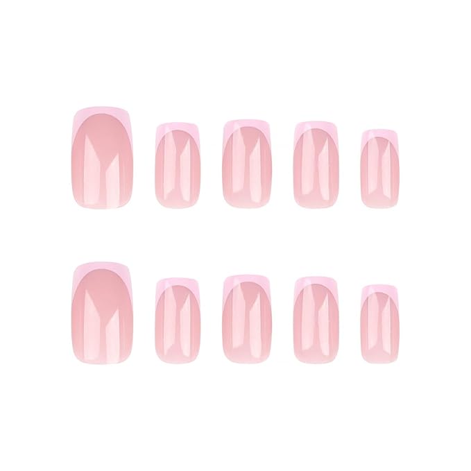 Pink Press On Nails Medium French Tip Fake Nails Nude Pink with Glossy Design Full Cover Artificial Glue on Nails White Glitter Stick on Nails Acrylic False Nails for Women Girls DIY Manicure 24Pcs