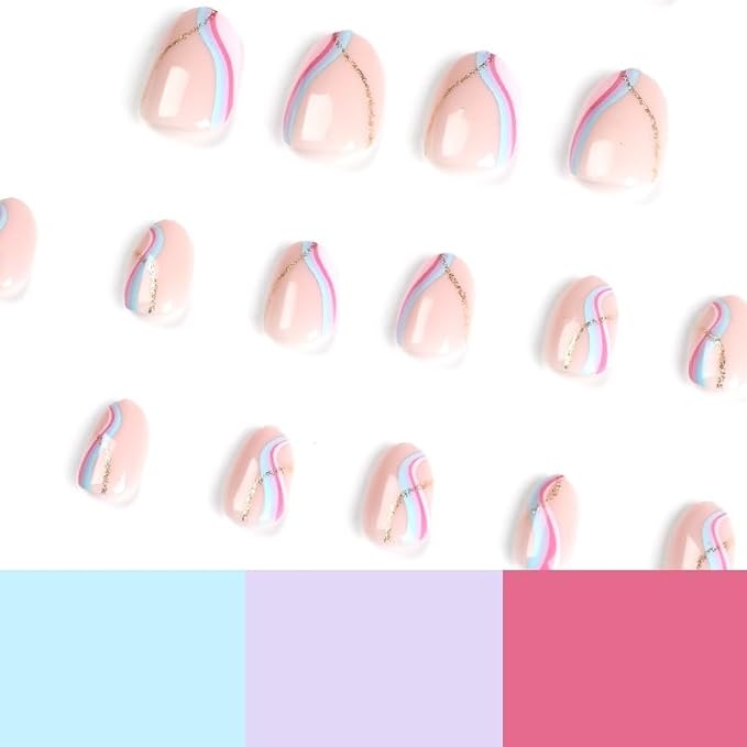 Almond Press on Nails Short Squoval Fake Nails Pink False Nails Press ons with Design Gold Glitter Glue on Nails Acrylic Artificial Stick on Nail for Women Nail Decoration 24Pcs