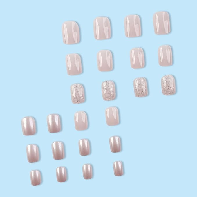 Short Square Press on Nails Pink Fake Nails Glossy False Nails Press ons with Glitter Design Reusable Artificial Nail Full Cover Glue on Nail Stick on Nails for Women Manicure 24Pcs