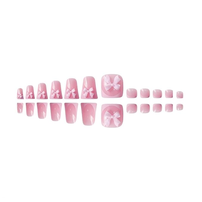 48Pcs Duck Shaped Press on Nails Short & Press on Toenails Set, Pink Bow Fake Nails French Press on Toe Nails Full Cover Stick on Toe Nails Wide Duckbill Acrylic Nails Kit for Women Manicure