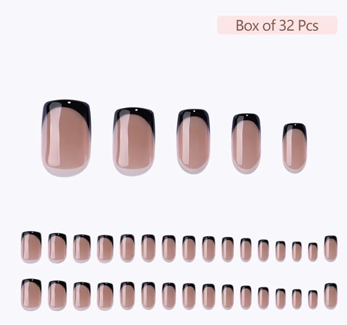 Press On Nails - Midnight | Chrome Black French Tip, UV Finish Short Squoval Nails, Reusable, Salon Quality | 32 Nails, 16 Sizes Kit with Glue and Adhesive Tabs