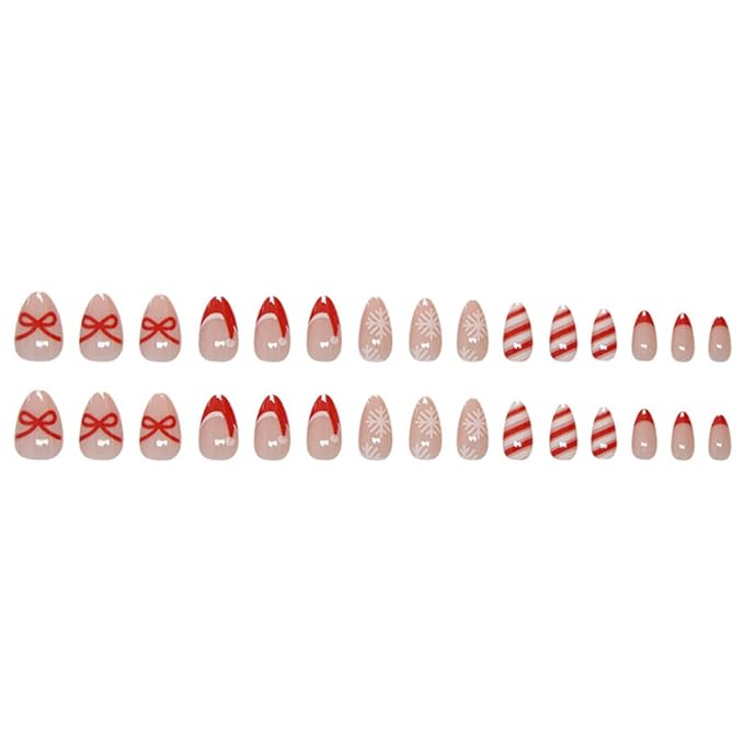 Christmas Nails Press On, Short Almond Press On Nails Red French Fake Nails With Bow Stripes Designs Acrylic Artificial Glue On False Nail Press Ons Stick On Nail for Women Girls