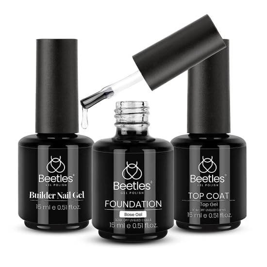 Beetles 3Pcs 15ml Builder Nail Gel with Top and Base Coat Set No Wipe Builder Extension for Nails Shine Finish and Long Lasting Gift for Women