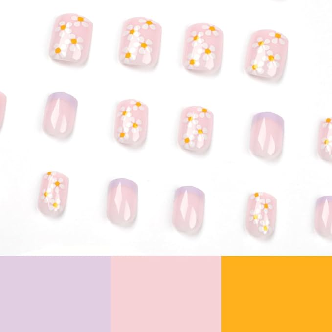 Press on Nails Square Short Short Fake Nails Press ons Purple French Nail Tips Artificial Acrylic Kit Full Cover False Nails with Flower Glossy Design Stick on Nails for Women 24Pcs