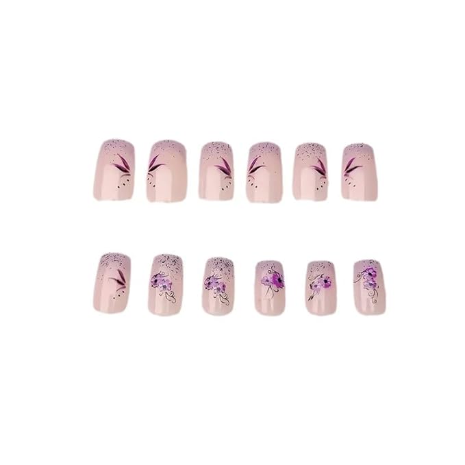 24Pcs Short Square Fake Nails Purple Flower Press on Nails Glitter Designs Valentine Nails Glue on Purple French Tip False Nail Full Cover Gradient Stick on Nail for Women Manicure Kit
