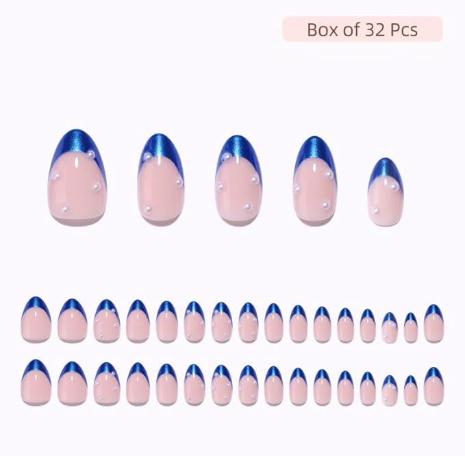 Press On Nails - Ocean | Blue Chrome French Tip with Pearl Design, UV Finish Almond Nails, Salon Quality | 32 Nails, 16 Sizes Kit with Glue and Adhesive Tabs I Female Founded