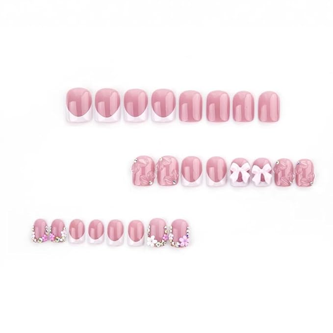Pink Press on Short Square Fake Nails with 3D Bow Charms Design - Flower False Glue on Cute Acrylic Rhinestone Glossy Full Cover Stick on for Women Manicure - 24Pcs