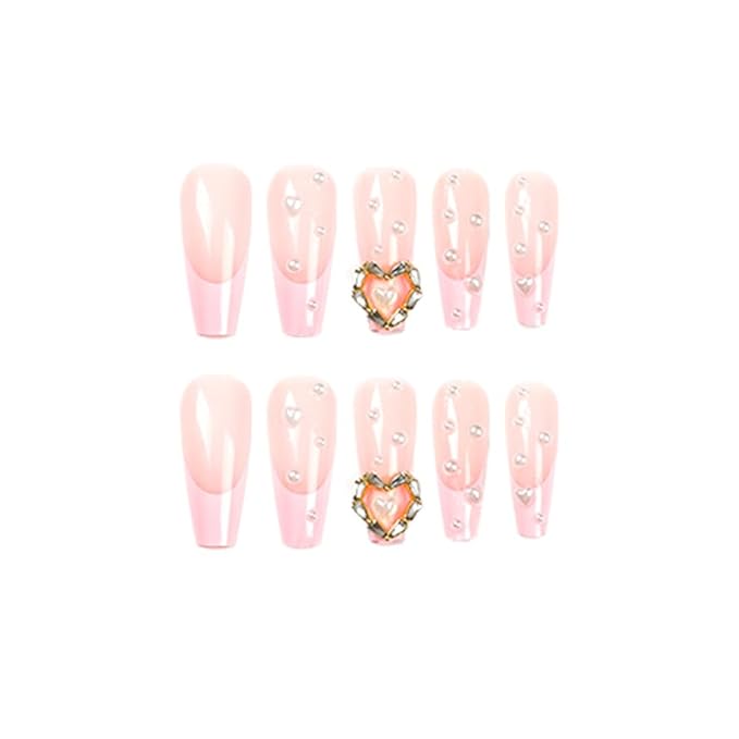 Pink French Tip Press on nails Long Coffin Fake Nails Acrylic Nails with Love Nail Charms Design Fashion Romantic Pearl Valentine's Day Nail Decoration for Nails for Women and Girls 24 Pcs
