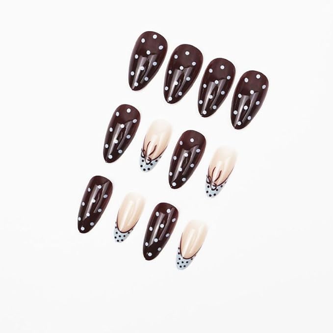 Polka Dot Press on Nails Almond Fake Nails French Tip False Nails Blue Brown Medium Acrylic Nail Glossy Full Cover Glue Stick on Nail for Women Manicure 24Pcs