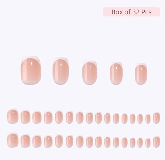 Press On Nails - Frenchie Kiss | Classic French Manicure, UV Finish Square Nails, Reusable, Salon Quality | 32 Nails, 16 Sizes Kit with Glue and Adhesive Tabs