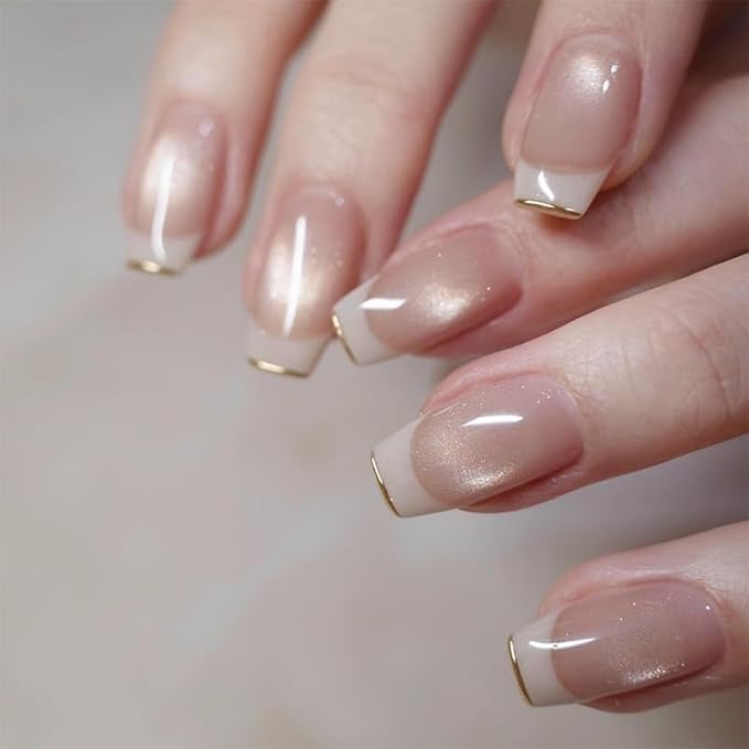 Press on Nails Almond Cat Eye French Fake French Fake Nails Reusable Nail Kit with Nail Glue Adhesive Tabs Mini Nail File for Women Manicure Art Decoration 24PCS