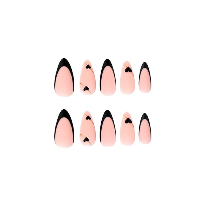 Black French Tip Press On Nails - Almond Medium Fake Nails with Gold Line Design - Heart Full Cover Stick On Nails for Women - 24 Pcs