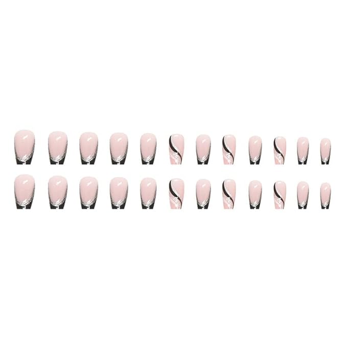 Black French Tip Press on Nails Medium Coffin Fake Nails Silver Glitter Nails Press ons with Design Reusable Artificial Nail Full Cover Glue on Nail Stick on Nails for Women Manicure 24Pcs