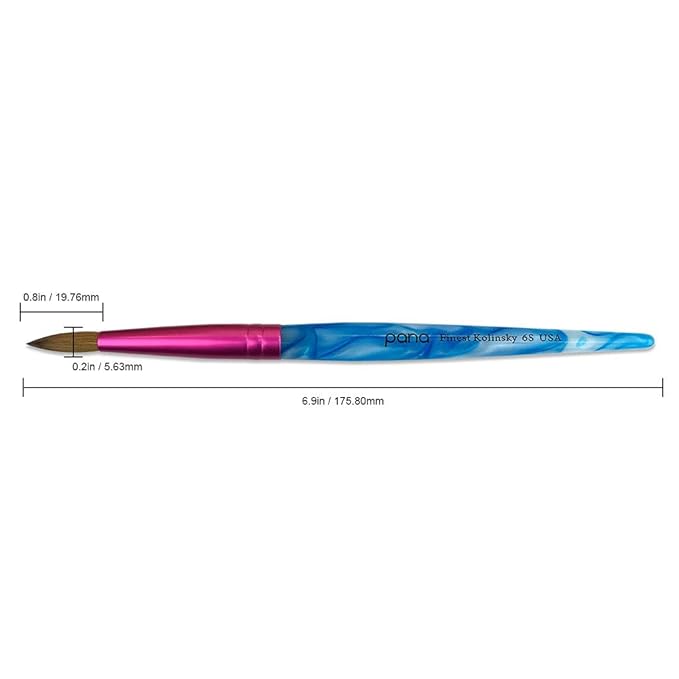 PANA Pure Kolinsky Hair Acrylic Nail Brush - Round Shape Pink Ferrule with White Swirl Blue Handle (Size 6) - Nail Brush for Acrylic Nail Application, Nail Extension, Manicure Pedicure Salon Beginner