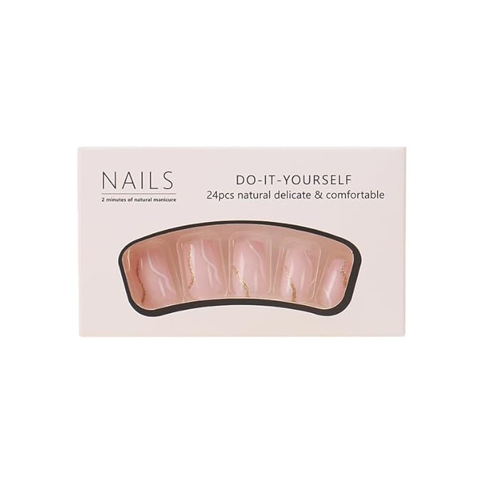 Light Pink Press On Nails - Short Square Glossy Fake Nails with White Gold Glitter Swirl Wave Designs - Reusable Artificial Nails Full Cover Glue on Nail Stick on Nails for Women Manicure 24Pcs