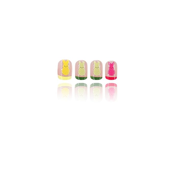24 Pcs Colorful French Tip Easter Press on Nails Short Square Fake Nails with Easter Cute Rabbit Designs Glitter Full Cover Spring Easter Bunny False Nails Party Nail Decorations for Women Girls Kids