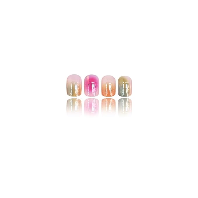 Aura Press on Nails Short Square Fake Nails Colorful Ombre False Nails Press ons with Blooming Design Reusable Artificial Nails Full Cover Glue on Nails Stick on Nails for Women Manicure 24 Pcs