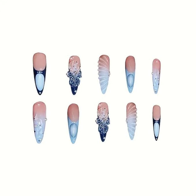 Handmade Press on Nails - Long Almond Glue on Nails - Flower Charm Design Blue French Tips Stick on Nail - 3D Pearl Water Ripple Fake Nail Glossy Summer False Nails for Women Manicure 24Pcs