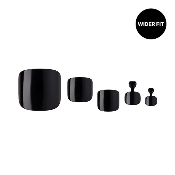 Goldfinger Press on Toenails Kit Wider Fit, Bold Glossy Black Color Toenail, Ready to Wear Gel & Manicure Stick, 2g Glue Included, Long-Lasting Convenient & Easy to Apply