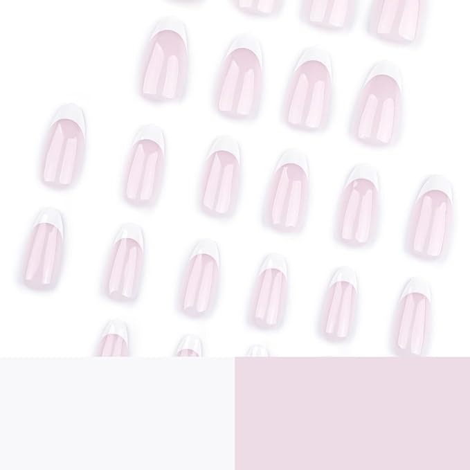 French Press on Nails Medium Almond Fake Nails Milky White Nails Press ons with Design Full Cover Stick on Nails for Women French Manicure,Reusable | Nail Sticky Tabs | Easy Apply | 24Pcs
