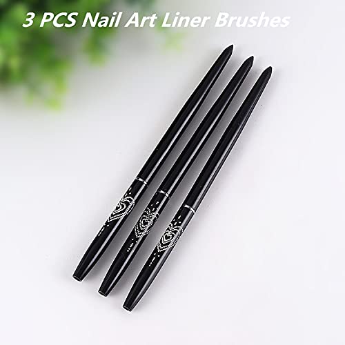 Nail Art Liner Brushes, 7mm/9mm/11mm UV Gel Painting Nail Art Design Brush Metal Handle Nail Drawing Pens (3PCS, Black)
