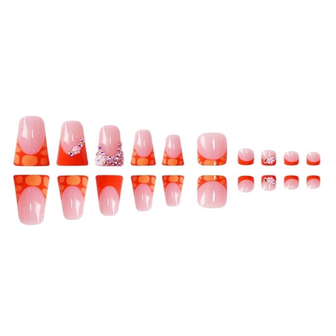 48Pcs Orange French Tip Press on Nails Medium Duck Fake Nails with Flower Rhinestones Design Short Square Press on Toenails Crocodile Print False Toenails Floral Fake Toenails for Women Girls Manicure