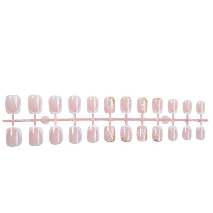 Press on Nails Square Short Spring Fake Nails Press ons White French Nail Tips Artificial Acrylic Kit Full Cover False Nails with Butterfly Glitter Design Stick on Nails for Women 24Pcs