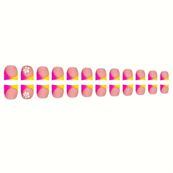 48Pcs Gradient Orange Pink French Tips Press on Toenails Water Ripple Press on Nails Long Square False Nails with Ombre Design White Flower Fake Toes Glossy Skin Tones Nails for Women DIY Manicure