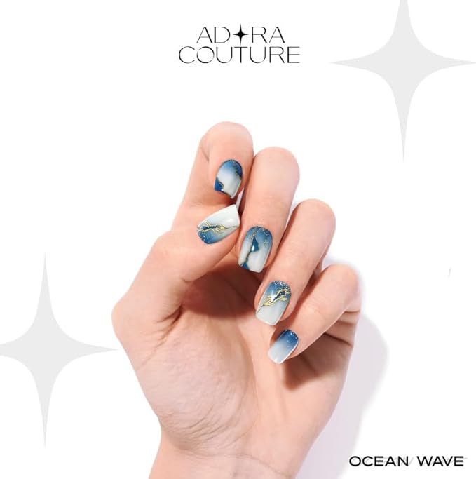 Semi-Cured Gel Nail Strips - 20 Salon-Quality Gel Sticker with UV Light Required, Long Lasting, Easy Application & Removal, Includes Prep Pad, Nail File, Wooden Stick (Blue Oceanwave)