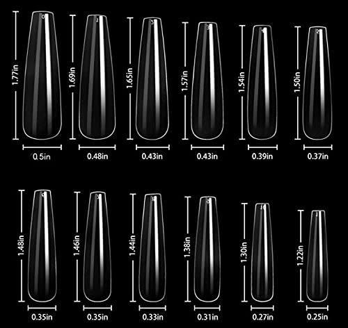 LoveOurHome XL Coffin Acrylic Nail Tips, 240pc Ballerina Shaped, Full Cover Artificial Fingernails, ABS Material, 12 Sizes for Women & Girls Nail Extension